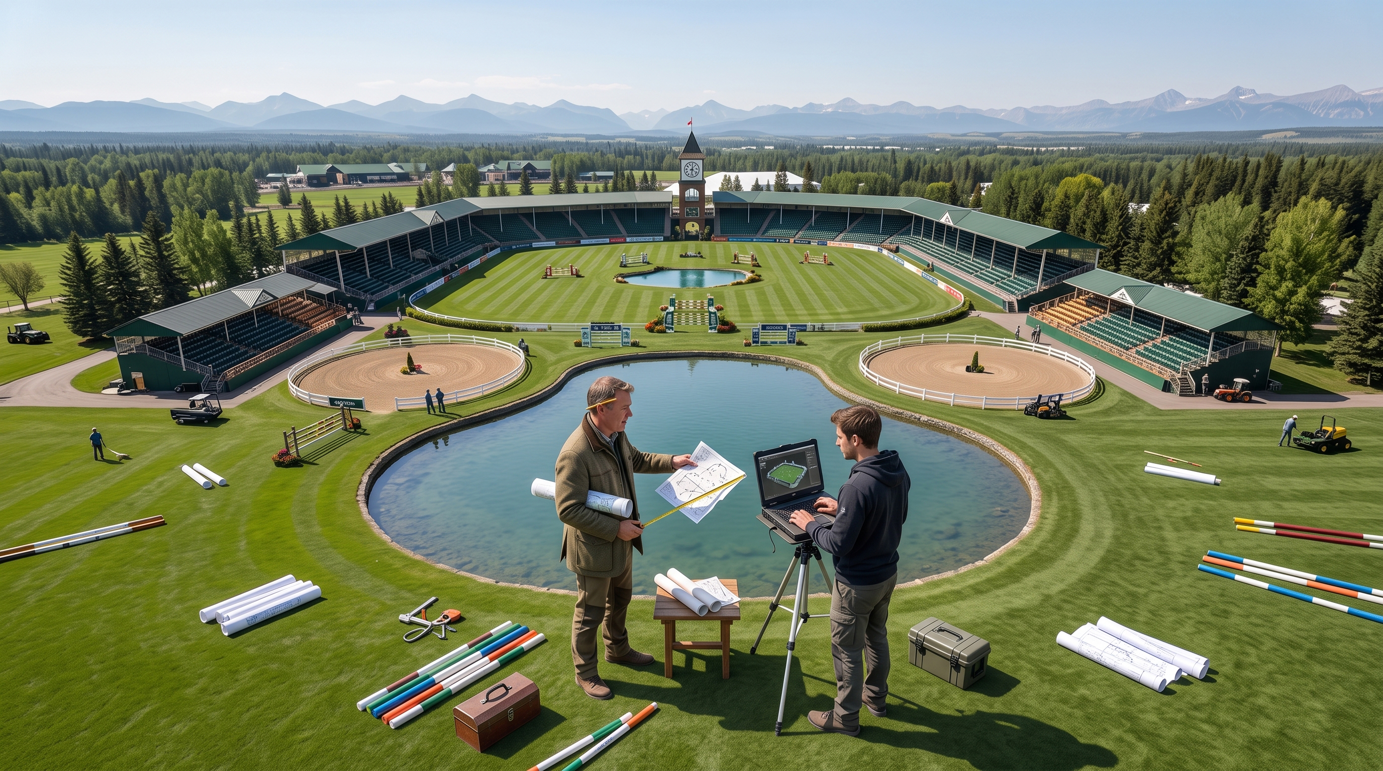 Two course designers reviewing an arena plan beside a laptop