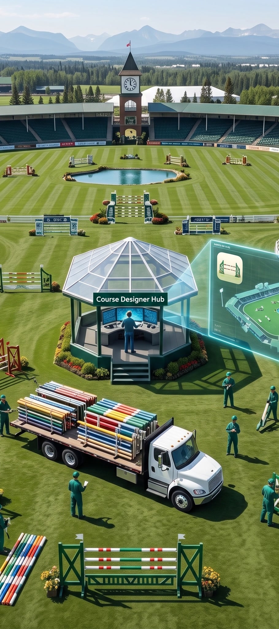 A digital course-design hub overlooking a prepared arena