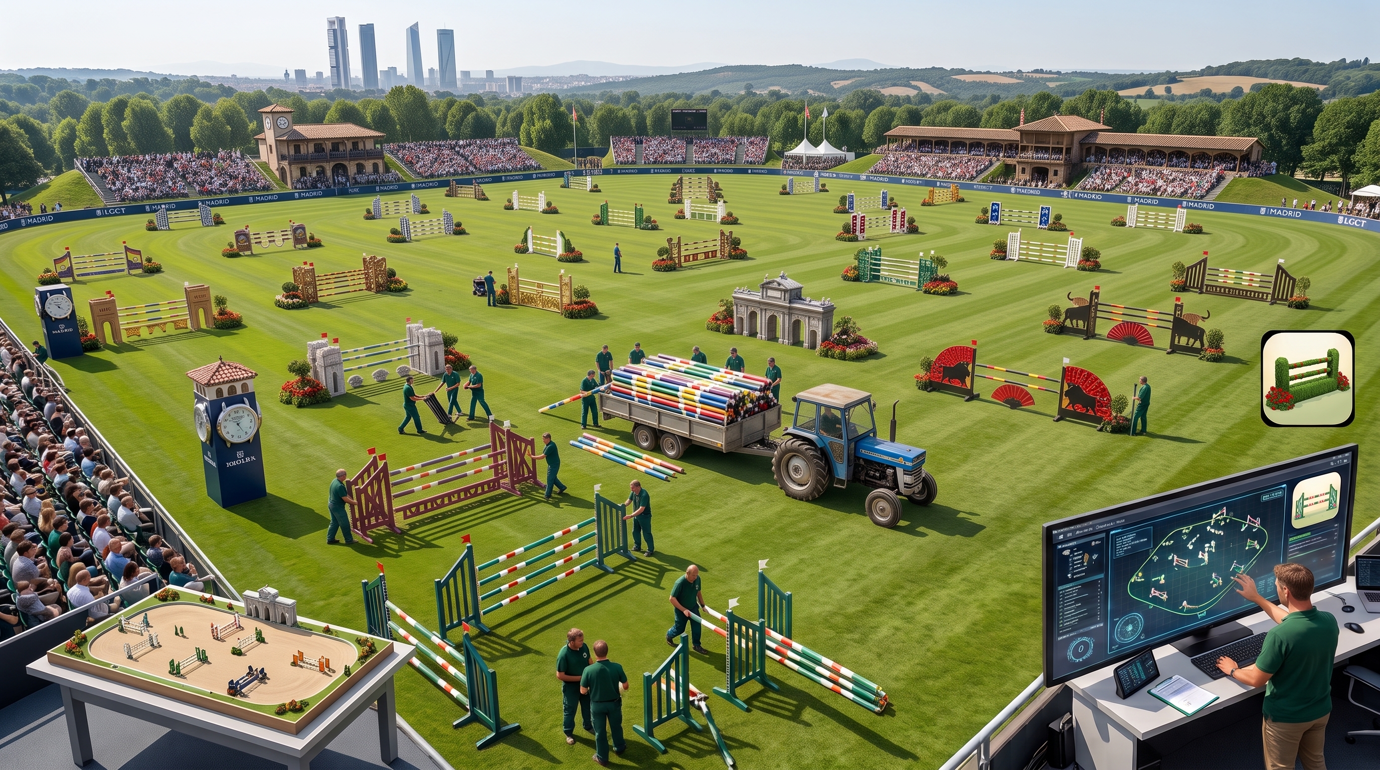 A show-jumping arena being prepared with a digital course plan beside it